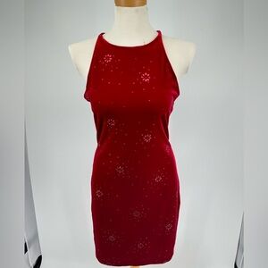 All That Jazz Vintage 90s Halter Criss Cross Back Velour Holiday Red Midi Dress